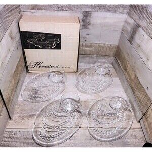 Vintage Homestead Snack Set 4 Plates & 4 Cups Federal Glass In Original Box